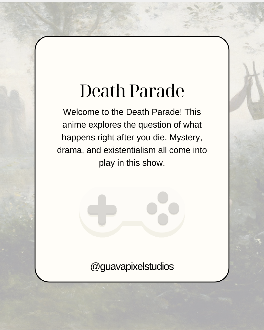 Welcome to the Death Parade! This anime explores the question of what happens right after you die. Mystery, drama, and existentialism all come into play in this show.