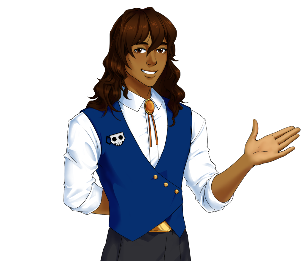 A nonbinary person with brown skin and long, dark, wavy brown hair. They are wearing a blue vest and a skull pin.